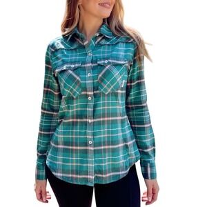 Stio Willow Midweight Shirt Women's Small Teal Plaid Outdoor Hiking Western